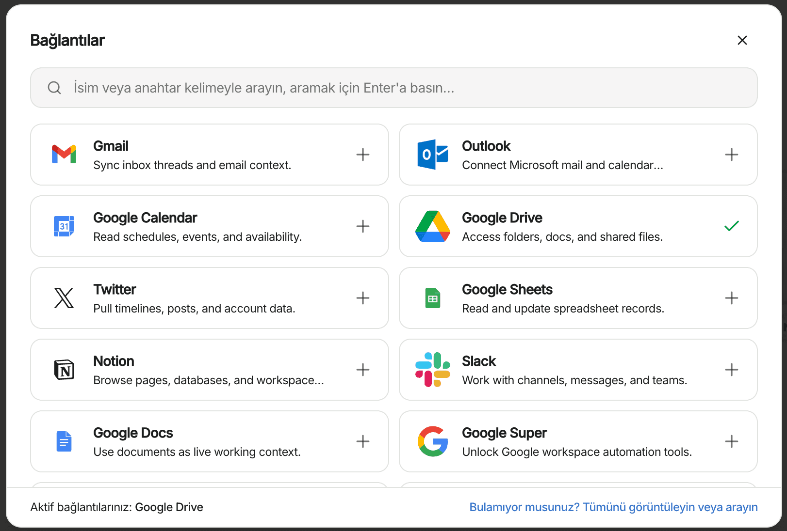 UniDeck showing connected integrations and search context